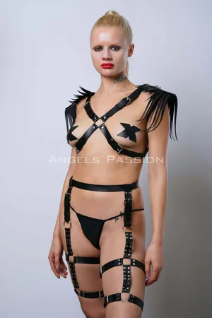 Black Faux Leather Full Body Harness with Fringe Shoulders and Garter Straps