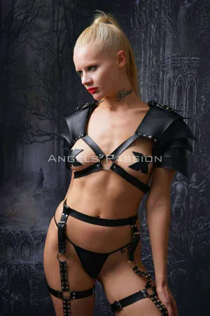 Black Faux Leather Gladiator Harness Set with Shoulder Pads and Thigh Garters