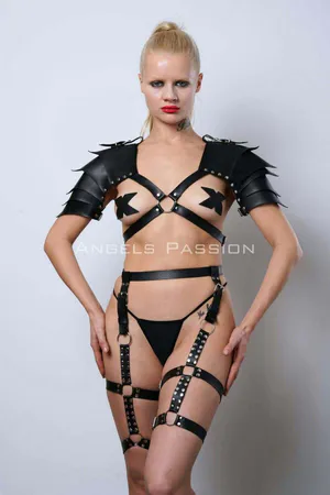Black Faux Leather Gladiator Harness Set with Studded Shoulder Pads
