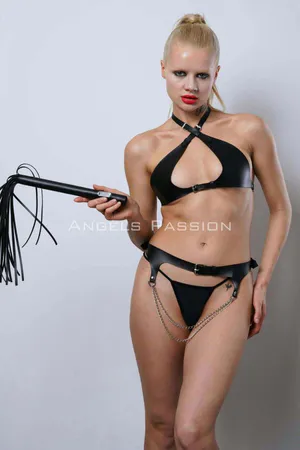 Black Faux Leather Harness Bra and Garter Belt Set with Draped Chains