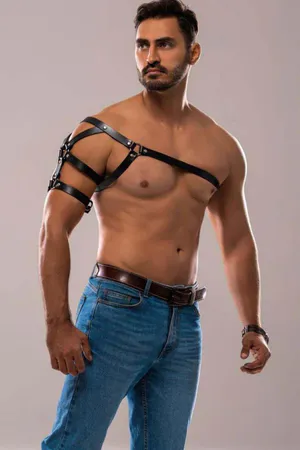 Black Faux Leather Asymmetrical Shoulder Harness with Arm Strap