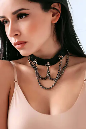 Black faux leather choker with layered silver chains