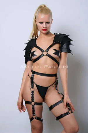 Black Faux Leather Warrior Body Harness Set with Shoulder Armor and Leg Straps