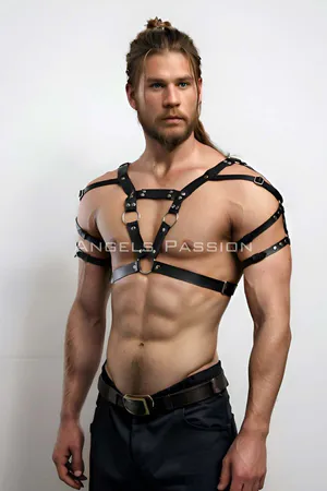 Black Faux Leather Strappy Chest Harness with O-Ring Accents