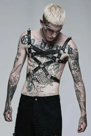 Black faux leather multi-strap chest harness for men with O-rings and spiked shoulder accents