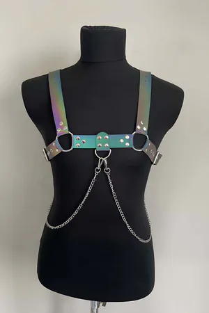 Holographic Reflective Chest Harness with Detachable Chain Silver Hardware