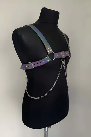 Holographic Reflective Chest Harness with Detachable Chain Silver Hardware
