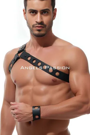 Black Faux Leather Asymmetrical Chest Harness with Grommets