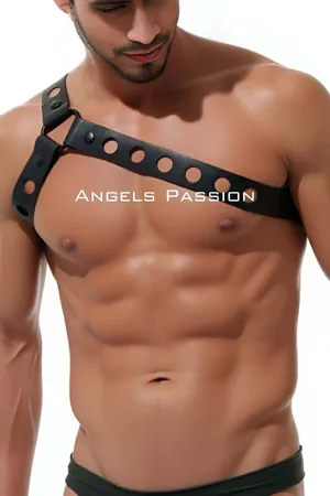 Black Faux Leather Asymmetrical Chest Harness with Grommets