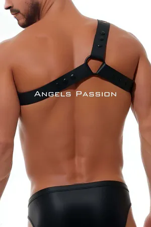 Black Faux Leather Asymmetrical Chest Harness with Grommets