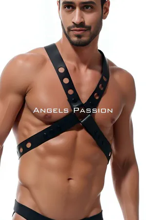 Black Faux Leather X-Strap Harness with Eyelet Details