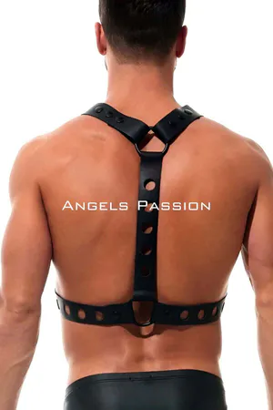 Black Faux Leather X-Strap Harness with Eyelet Details