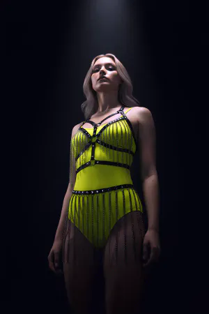 Neon Yellow Faux Leather Body Harness with Tiered Chain Fringe and Studs