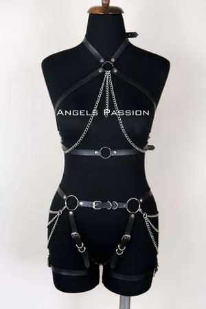 Black Faux Leather Full Body Harness with Silver Chain Accents, Front View