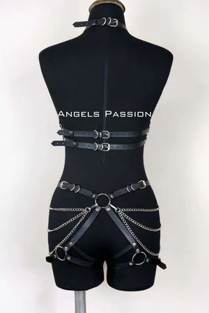 Black Faux Leather Full Body Harness with Silver Chain Accents, Front View