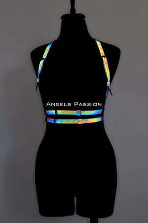 Reflective rainbow body harness with adjustable straps and silver buckles