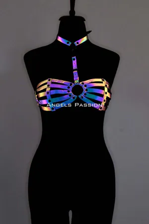 Reflective chest harness with O-ring and matching choker on a mannequin.