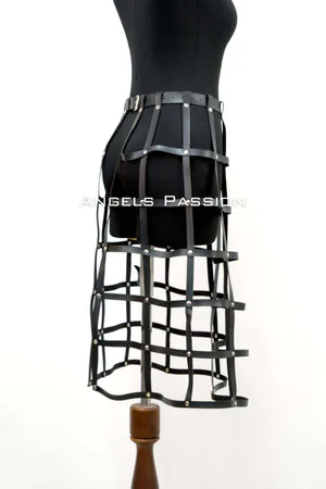Black Faux Leather Cage Skirt Harness with Silver Studs Worn on Mannequin
