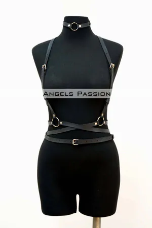 Siyah sentetik deri ayarlanabilir body harness ve choker seti kadınlar için