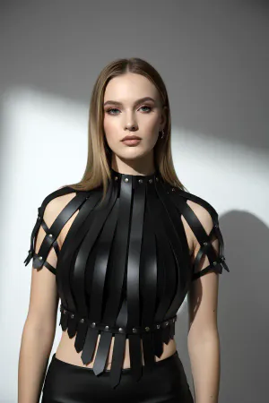 Black faux leather studded crop harness top with high neck and pointed hem