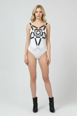 Black faux leather pentagram body harness with silver chain accents and adjustable straps.