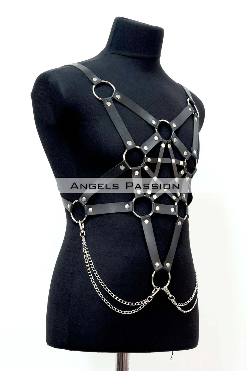 Black leather pentagram body harness with silver chains attached to O-rings