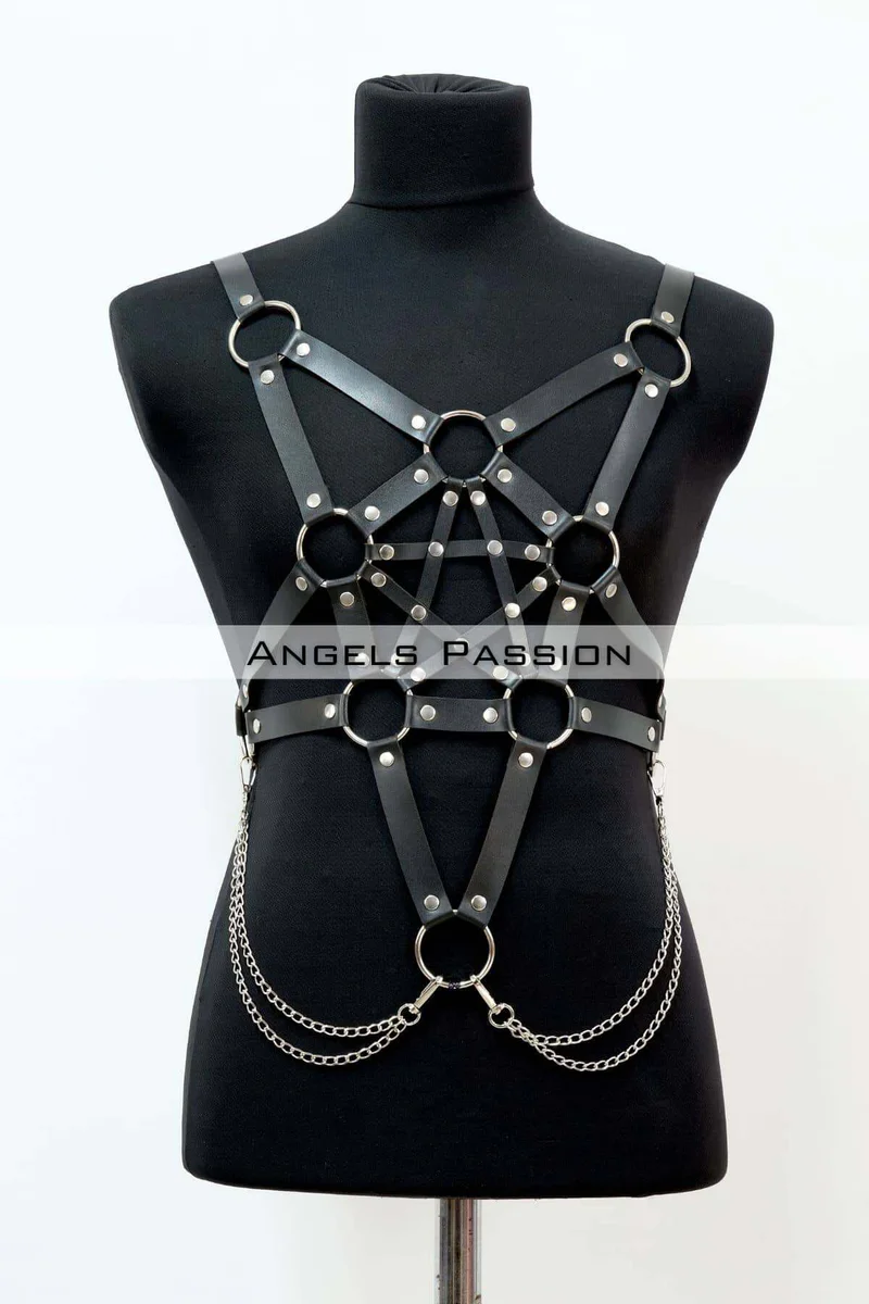 Back view of black faux leather body harness with adjustable straps and chains.