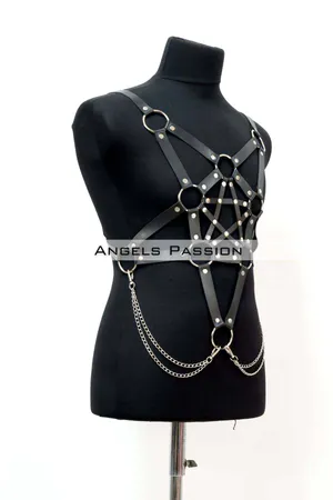 Black Faux Leather Pentagram Body Harness with Detachable Silver Chains