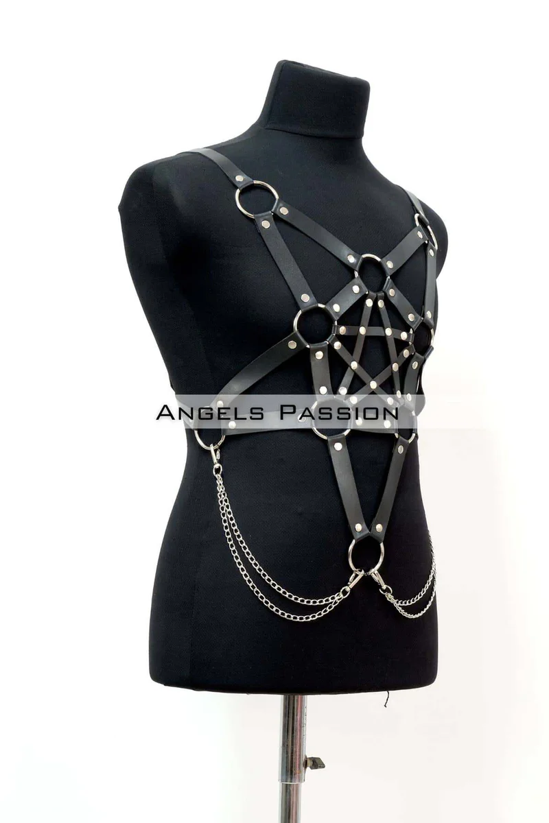 Black pentagram body harness with double chain detail shown from the side