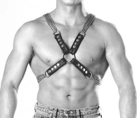 Black faux leather chest harness with silver chain details and central O-ring