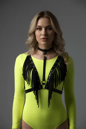 Black Faux Leather Fringe Chest Harness with O-Ring