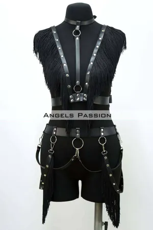 Black Faux Leather Fringe Body Harness with Choker and Thigh Garters Set