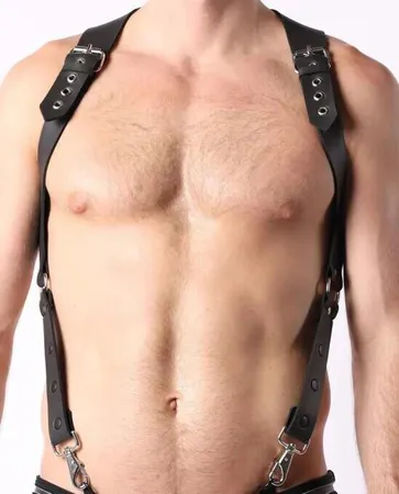 Black Faux Leather Adjustable Suspenders Harness for Men with Polished Metal Hardware