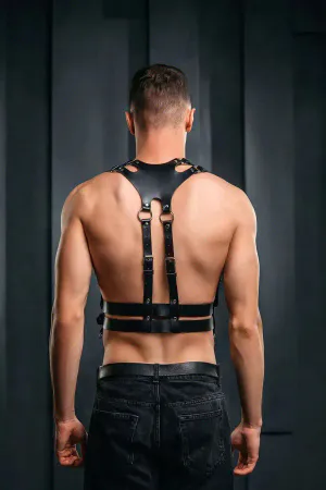 Black Faux Leather Chest Harness with O-Rings and Adjustable Straps