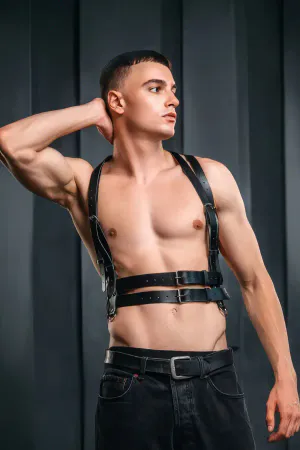 Black Faux Leather Chest Harness with O-Rings and Adjustable Straps
