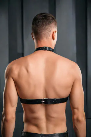 Black faux leather choker chest harness with O-ring detail