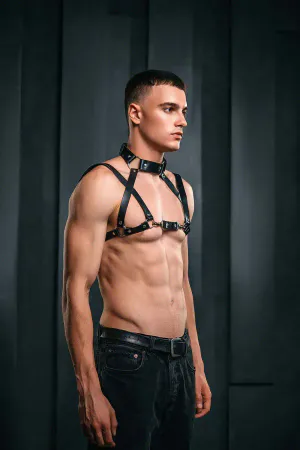 Black Vegan Leather Mens Chest Harness with Silver O-Rings