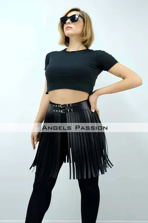Black Vegan Leather Fringe Skirt Overlay with Dual Buckles