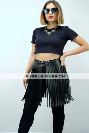 Black Vegan Leather Fringe Skirt Overlay with Dual Buckles