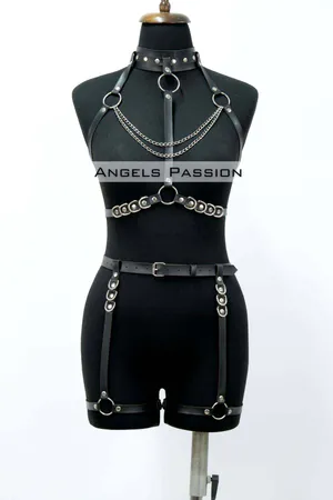Black Faux Leather Full Body Harness with Choker and Chains, worn by model