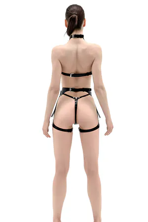 Black Glossy Faux Leather Bra Garter Harness Set Adjustable Straps