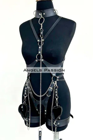 Black Faux Leather Full Body Harness Choker Chain Thigh Cuffs