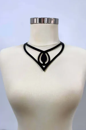 Black Faux Leather Sculptural V-Shape Choker Necklace