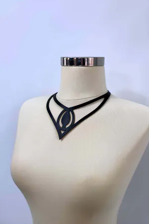 Black Faux Leather Sculptural V-Shape Choker Necklace