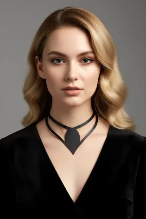 Black faux leather statement choker with V-shape accent worn by a model