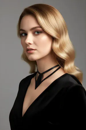 Black faux leather statement choker with V-shape accent worn by a model