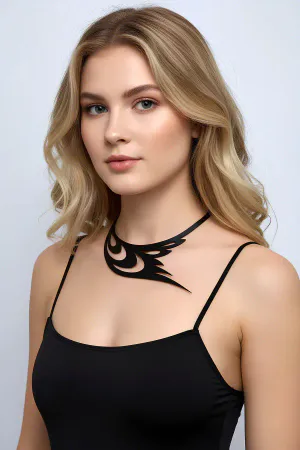 Black faux leather tribal flame choker necklace on a woman