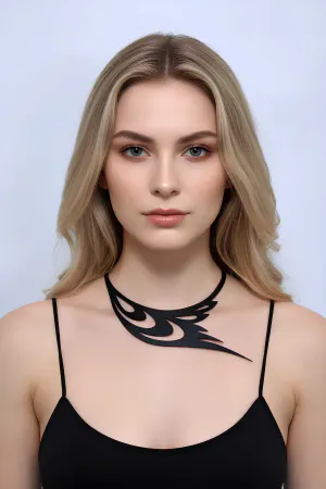 Black faux leather tribal flame choker necklace on a woman