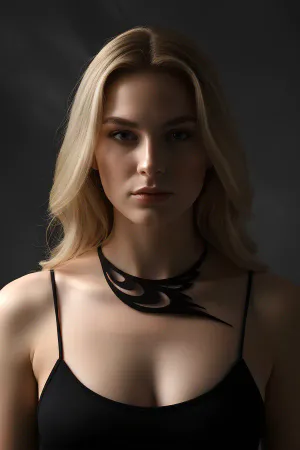 Black faux leather tribal flame choker necklace on a woman