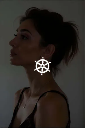 Reflective Rudder Wheel Earrings Glowing Silver Statement Jewelry